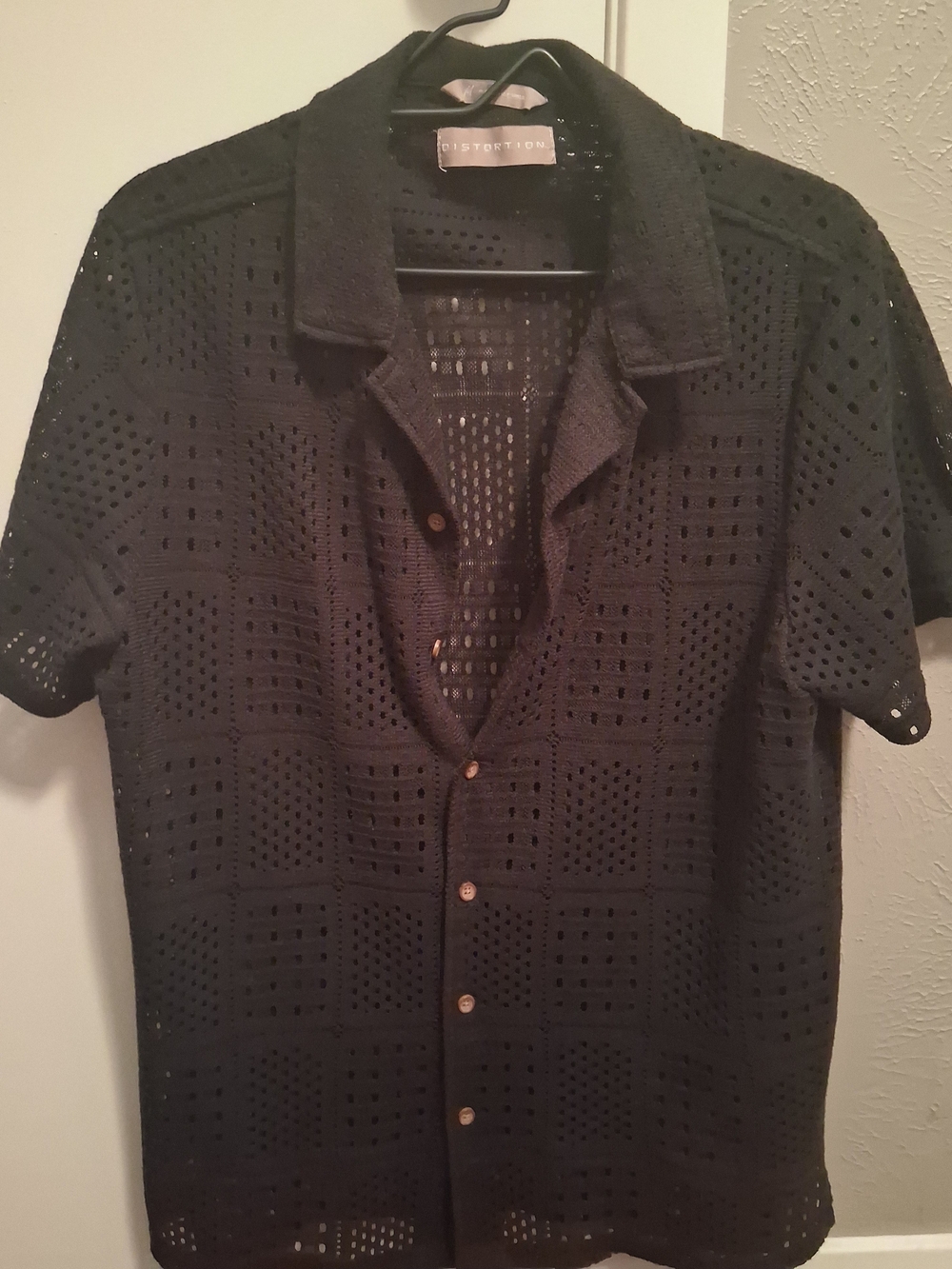 Black Crochet Short-Sleeve Button-Up Shirt by Distortion